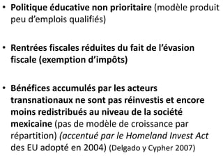 • Politique éducative non prioritaire (modèle produit
peu d’emplois qualifiés)
• Rentrées fiscales réduites du fait de l’évasion
fiscale (exemption d’impôts)
• Bénéfices accumulés par les acteurs
transnationaux ne sont pas réinvestis et encore
moins redistribués au niveau de la société
mexicaine (pas de modèle de croissance par
répartition) (accentué par le Homeland Invest Act
des EU adopté en 2004) (Delgado y Cypher 2007)
 