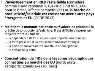 • L’investissement en R&D reste faible (considéré
comme « non rationnel »; 0,47% du PIB Vs 1,09%
pour le Brésil; affecte compétitivité) => la brèche de
productivité/salariale est croissante avec autres pays
émergents et EU (OCDE 2013)
• Maintient la monnaie nationale surévaluée en relation à la
brèche de productivité/salariale; il est difficile d’opérer un
réajustement du fait de:
– la dépendance de l’IDE vis-à-vis des importations d’inputs
– la forte présence d’investissement financier étranger
– la perte de souveraineté alimentaire et énergétique
– le niveau de la dette
• Concentration de l’IDE dans les zones géographiques
connectées au marché des EU (nord; ports;
aéroports; grands axes routiers)
 