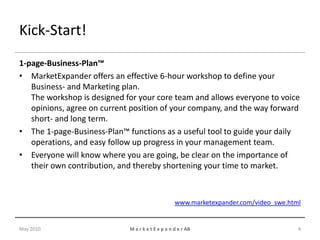 Kick-Start!
1-page-Business-Plan™
• MarketExpander offers an effective 6-hour workshop to define your
   Business- and Marketing plan.
   The workshop is designed for your core team and allows everyone to voice
   opinions, agree on current position of your company, and the way forward
   short- and long term.
• The 1-page-Business-Plan™ functions as a useful tool to guide your daily
   operations, and easy follow up progress in your management team.
• Everyone will know where you are going, be clear on the importance of
   their own contribution, and thereby shortening your time to market.



                                                   www.marketexpander.com/video_swe.html


May 2010                     M a r k e t E x p a n d e r AB                            4
 