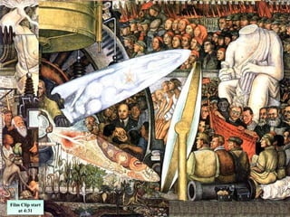 Man at the Crossroads 1934. Painted by Diego Rivera. Fresco. This
painting had been contracted to be made in the RCA building
(Rockfeller Center) in New York City in 1932. Before being able to
complete the fresco, Rockfeller, seeing the revolutionary connotations
within, demanded Rivera take Lenin out of the painting. Rivera refused
to censor his work, and the entire Fresco was destroyed. Rivera would
later reproduce a smaller version of this Fresco in Mexico City.Film Clip start
at 4:31
Film Clip start
at 4:31
 