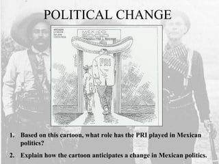 POLITICAL CHANGE
1. Based on this cartoon, what role has the PRI played in Mexican
politics?
2. Explain how the cartoon anticipates a change in Mexican politics.
 