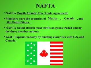 NAFTA
• NAFTA (North Atlantic Free Trade Agreement)
                                 Mexico      Canada
• Members were the countries of _________, __________, and
  the United States
  ________________.
• NAFTA would abolish most tariffs on goods traded among
  the three member nations.
• Goal - Expand economy by building closer ties with U.S. and
  Canada.
 
