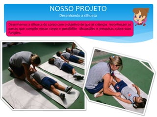 NOSSO PROJETO
Desenhando a silhueta
Desenhamos a silhueta do corpo com o objetivo de que as crianças reconheçam as
partes que compõe nosso corpo e possibilite discussões e pesquisas sobre suas
funções.
 