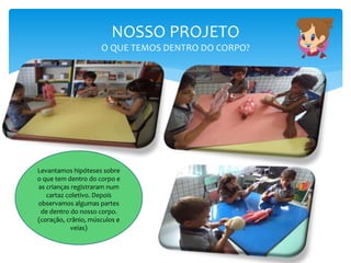 NOSSO PROJETO
O QUE TEMOS DENTRO DO CORPO?
Levantamos hipóteses sobre
o que tem dentro do corpo e
as crianças registraram num
cartaz coletivo. Depois
observamos algumas partes
de dentro do nosso corpo.
(coração, crânio, músculos e
veias)
 