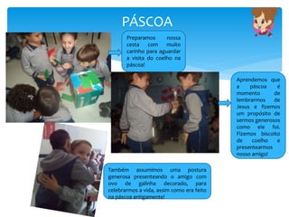 PÁSCOA
Preparamos nossa
cesta com muito
carinho para aguardar
a visita do coelho na
páscoa!
Aprendemos que
a páscoa é
momento de
lembrarmos de
Jesus e fizemos
um propósito de
sermos generosos
como ele foi.
Fizemos biscoito
de coelho e
presentearmos
nosso amigo!
Também assumimos uma postura
generosa presenteando o amigo com
ovo de galinha decorado, para
celebrarmos a vida, assim como era feito
na páscoa antigamente!
 