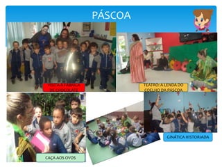 PÁSCOA
TEATRO: A LENDA DO
COELHO DA PÁSCOA
VISITA À FÁBRICA
DE CHOCOLATE
CAÇA AOS OVOS
GINÁTICA HISTORIADA
 