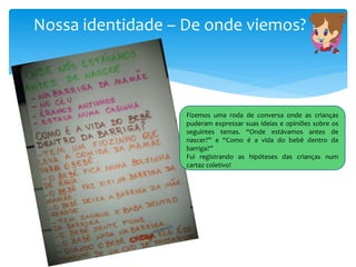 Nossa identidade – De onde viemos?
Fizemos uma roda de conversa onde as crianças
puderam expressar suas ideias e opiniões sobre os
seguintes temas. “Onde estávamos antes de
nascer?” e “Como é a vida do bebê dentro da
barriga?”
Fui registrando as hipóteses das crianças num
cartaz coletivo!
 