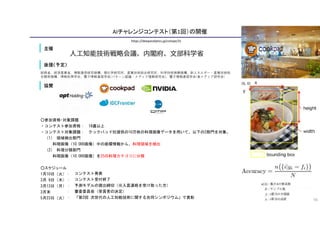 AIチャレンジコンテスト（第1回）の開催
○参加資格・対象課題
・コンテスト参加資格： 18歳以上
・コンテスト対象課題： クックパッド社提供の10万枚の料理画像データを用いて、以下の2部門を対象。
（1） 領域検出部門
料理画像（10,000画像）中の座標情報から、料理領域を検出
（2） 料理分類部門
料理画像（10,000画像）を25の料理カテゴリに分類
○スケジュール
1月10日（火）
3月 9日（木）
3月13日（月）
3月末
5月23日（火）
： コンテスト発表
： コンテスト受付終了
： 予測モデルの提出締切（※入賞連絡を受け取った方）
： 審査委員会（受賞者の決定）
： 「第2回 次世代の人工知能技術に関する合同シンポジウム」で表彰
後援（予定）
総務省、経済産業省、情報通信研究機構、理化学研究所、産業技術総合研究所、科学技術振興機構、新エネルギー・産業技術総
合開発機構、情報処理学会、電子情報通信学会(パターン認識・メディア理解研究会)、電子情報通信学会(食メディア研究会)
協賛
https://deepanalytics.jp/compe/31
56
 