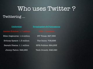 Who uses Twitter ?
Twittering ...

        Celebrities            Broadcasters & Publications

Ashton Kutcher: 1.7 million         CNN: 1.4 million

Ellen Degeneres: 1.4 million       NY Times: 827,350

Britney Spears: 1.3 million        The Onion: 708,896

Barack Obama: 1.1 million         NPR Politics: 664,653

  Jimmy Fallon: 946,960          Tech Crunch: 546,020
 