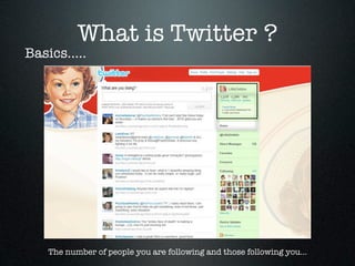 What is Twitter ?
Basics.....




    The number of people you are following and those following you...
 