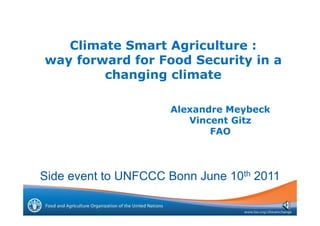 Climate Smart Agriculture :
way forward for Food Security in a
        changing climate

                     Alexandre Meybeck
                                  y
                        Vincent Gitz
                            FAO



Side event to UNFCCC Bonn June 10th 2011
 