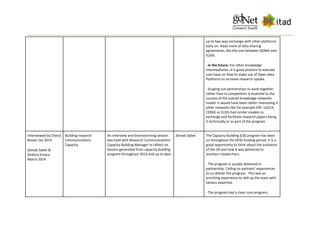 up to two way exchange with other platforms
early on. Have more of data sharing
agreements, like the one between GDNet and
ELDIS.
- In the future: For other knowledge
intermediaries.,it is good practice to educate
user-base on how to make use of Open data
Platforms to increase research uptake.
- Scoping out partnerships to work together
rather than in competition is essential to the
success of the overall knowledge networks
model. It would have been rather interesting if
other networks like for example ERF, LACEA,
CERGE or ELDIS had similar models to
exchange and facilitate research papers being
it technically or as part of the program.
Interviewed by Cheryl
Brown Jan 2014
Zeinab Sabet &
Shahira Emara
March 2014
Building research
Communications
Capacity
An interview and brainstorming session
was held with Research Communications
Capacity Building Manager to reflect on
lessons generated from capacity building
program throughout 2013 and up to date
Zeinab Sabet The Capacity Building (CB) program has been
on throughout the DFID funding period, it is a
good opportunity to think about the evolution
of the CB and how it was delivered to
Southern researchers.
- The program is usually delivered in
partnership. Calling on partners’ experiences
to co-deliver the program. This was an
enriching experience to skill up the team with
various expertise.
- The program had a clear core program,
 