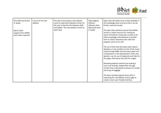 Dina Mannaa & Dina
A. Saada
March 2014
Support from GDNet
team when required
Launch of the new
website
The idea of launching a new website
came to make both websites similar for
the user to feel the link between GDN
and GDNet. The new website is built on
open data.
Aalaa Naguib,
Haitham
elkhouly, Dina
Mannaa & Dina
A. Saada
Open Data will allow reuse of data available in
the knowledge base to ensure that it can be
further used and reused.
The open data initiative ensures that GDNet
remains a useful resource for raising the
voices of Southern researchers as well as for
other knowledge intermediaries to benefit
from its robust repository even after the
program comes to an end.
The use of SEO tools like alexa audit reports,
allowed us to be mindful of some of the issues
raised through M&E tool that were taken into
consideration in the development of the new
website. e.g. the use of keywords and titles for
the pages, alternative text (alt) for images
Reviewing website material and making it
more user-friendly, helped filter through
content that is absolutely necessary to include
and let go of baggage.
The team members gained more skills in
improving the reachability of each page to
create a more user friendly interface.
 