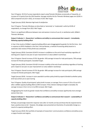 iv
Year 3 Progress: 39.1% of survey respondents report using Thematic Windows occasionally or frequently, an
increase of 3.2 points from the 2012 baseline. Average monthly hits for Thematic Windows pages are 10,491 in
2013 compared to 8,132 in 2012, an increase of 22%. Met Target.
Target (January 2014): Maintain high level of satisfaction.
Year 3 Progress: Thematic Windows are described as ‘extremely’ or ‘moderately’ useful by 42.8% of
respondents, no change from 2012. Met Target.
There is no significant difference between men and women in terms of use of, or satisfaction with, GDNet's
Thematic Windows.
Output 2 Indicator 1 – Researchers’ confidence and ability to communicate their research – immediately
following capacity building effort
In Year 3 the results of GDNet’s capacity building efforts were disaggregated by gender for the first time. And
in response to DFID’s feedback in the Year 2 Annual Review, a method of assessing ability based on a
systematic desk review of Policy Briefs was conducted
Target (January 2014): Consistent 30-40 % increase in confidence at the end of each workshop regardless of
starting point. Expect to see year-on-year improvement on value-added in workshops
Year 3 Progress: Overall increase of 52%. By gender: 43% average increase for male participants, 74% average
increase for female participants. Exceeded Target.
Target (January 2014): Consistent 50–60 % increase in ability at the end of each workshop regardless of starting
point. Expect to see year-on-year improvement on value-added in workshops
Year 3 Progress: Overall increase of 57%. By gender: 48% average increase for male participants, 84% average
increase for female participants. Met Target.
Target (January 2014): Increase in score awarded to written policy briefs by experts blinded to whether policy
brief was written pre or post training
Year 3 Progress: Quality of participants' policy briefs increase, on average, from a score of 1.8 to 3.0 out of 6
after a GDNet capacity building effort (a 64% increase). If the criterion relating to length is excluded, the
average increase is from 1.6 to 2.2 (a 39% increase). Met Target.
Disaggregating the results by gender reveals that confidence and ability increases significantly more amongst
women than men.
Output 2 Indicator 2 – Researchers’ confidence and ability to communicate their research – sustainability of
capacity building effort
Perhaps unsurprisingly researcher response rates after 12-months are low and those that do respond tend to
have a positive story to tell. However, the pledge cases presented are illustrative of sustainable change as a
result of a capacity building effort.
Target (January 2014): Rich portfolio of examples of researchers’ communications confidence and ability across
a range of sectors and regions.
 