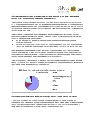 Q 20. The GDNet program comes to an end in June 2014. How important do you think it is for there to
continue to be a southern-focused development knowledge portal?
293 respondents to this question gave their location as Southern. From analysis of their free text responses,
63.1% of the Southern respondents felt it was important that there should continue to be a southern-focussed
development knowledge portal of some form and an additional 14% stated that the GDNet portal in particular
should continue. Only 2% (6 respondents) from the South felt it was not important to have a knowledge portal
focussing on the South alone.
The main reason GDNet members in the South gave for the continued existence of a southern-focussed
development knowledge portal was the need for a channel to raise the profile of Southern perspectives and
the lack of any other channel (besides GDNet):
 It is very important as it provides an alternative source of information that features southern
researchers' perspectives.
 This is the only channel that Southern Researchers can feel that they are being assist in increasing their
capacity and capability in undertaking and sharing their research. It is a portal that we can call it home.
Other respondents commented that Southern researchers have specific needs which a portal could meet
including providing access to online journals and data, supplying information on funding opportunities, and
building southern researchers' capacity. e.g. this is important because the interests and the understanding in
southern countries is usually not understood and valued in northern countries.
Some also commented it would depend on the design of the portal and made suggestions for what would be
needed e.g. Essential, but it would need to be more integrated with the popular social networks, with Research
Gate/ Google Scholar, with LinkedIn, with FB/ Google+ etc.
Q.20 Should there continue to be a southern focussed development
knowledge portal Yes
The GDNet portal should
continue
No
Other
N/A
Q 24. In your opinion, how has the level of use of Southern research changed over the past 5 years?
A comparison of Northern and Southern responses has been made (see chart below) to identify and
differences in views. 19.9% of the Southern respondents think the level of use has greatly increased compared
to 9.4% of the Northern respondents. This difference is perhaps due to those based in the South having a
better insight into the level of use of Southern research (including of their own).
 