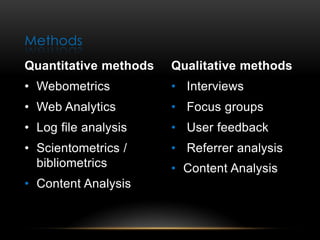 Methods
Quantitative methods   Qualitative methods
• Webometrics          • Interviews
• Web Analytics        • Focus groups
• Log file analysis    • User feedback
• Scientometrics /     • Referrer analysis
  bibliometrics        • Content Analysis
• Content Analysis
 