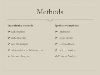 Methods
Quantitative methods
Webometrics
Web Analytics
Log file analysis
Scientometrics / bibliometrics
Content Analysis
Qualitative methods
 Interviews
 Focus groups
 User feedback
 Referrer analysis
Content Analysis
 