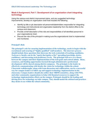 EDLD 5352 Instructional Leadership: The Technology Link


Week 4 Assignment, Part 1: Development of an organization chart integrating
technology
Using the campus and district improvement plans, and any suggested technology
improvements, develop an organization chart that includes the following:

   •   Identify by title or job description all personnel/stakeholders responsible for integrating
       technology and instructional and organization leadership from the district office to the
       campus and classroom;
   •   Provide a brief description of the role and responsibilities of all identified personnel in
       your organizational chart;
   •   Discuss the role of the principal in making sure the organizational chart is implemented
       and monitored.


Principal's Role
The principal’s role for ensuring implementation of the technology, needs to begin with the
recruitment and securing of “highly qualified” staff members. The interview process
should include those questions that showcase the tech credentials of teaching candidates.
Tech-savvy faculty can be the “spark that ignites a fire” spreading knowledge, desire,
confidence, and increasing tech proficiency levels. The principal will serve as a liason
between the campus and their implementation of the tech goals and central admin. Ideas,
resources, and funding opportunites learned through administrative professional
development will be shared among district campuses. The principal, is the leader in
effectively communicating with faculty the vision for technology within the school.
Classroom walkthroughs, along with team discussion and collboration, can be a successful
way for campus leaders to follow up and support technology implementation in the
classroom. Campus leaders should also utilize their SBDM committee, along with PTO,
and other community organizations to help with finanical resources to support the
technology implementation efforts on the campus. Prinicpals should be the leading and
driving force for technology on tehir campus. They should model the attitued and practices
they desire to see within the school community.




Page 6 – Revised October 2009
 