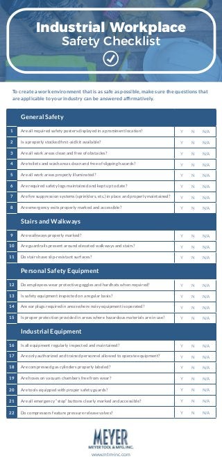 General Safety
1 Are all required safety posters displayed in a prominent location? Y N N/A
2 Is a properly stocked first-...