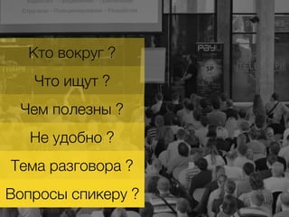 Кто вокруг ?
Что ищут ?
Чем полезны ?
Не удобно ?
Тема разговора ?
Вопросы спикеру ?
 