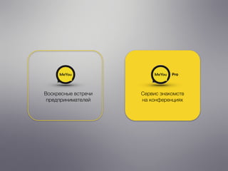 Сервис знакомств
на конференциях
Воскресные встречи
предпринимателей
Pro
 