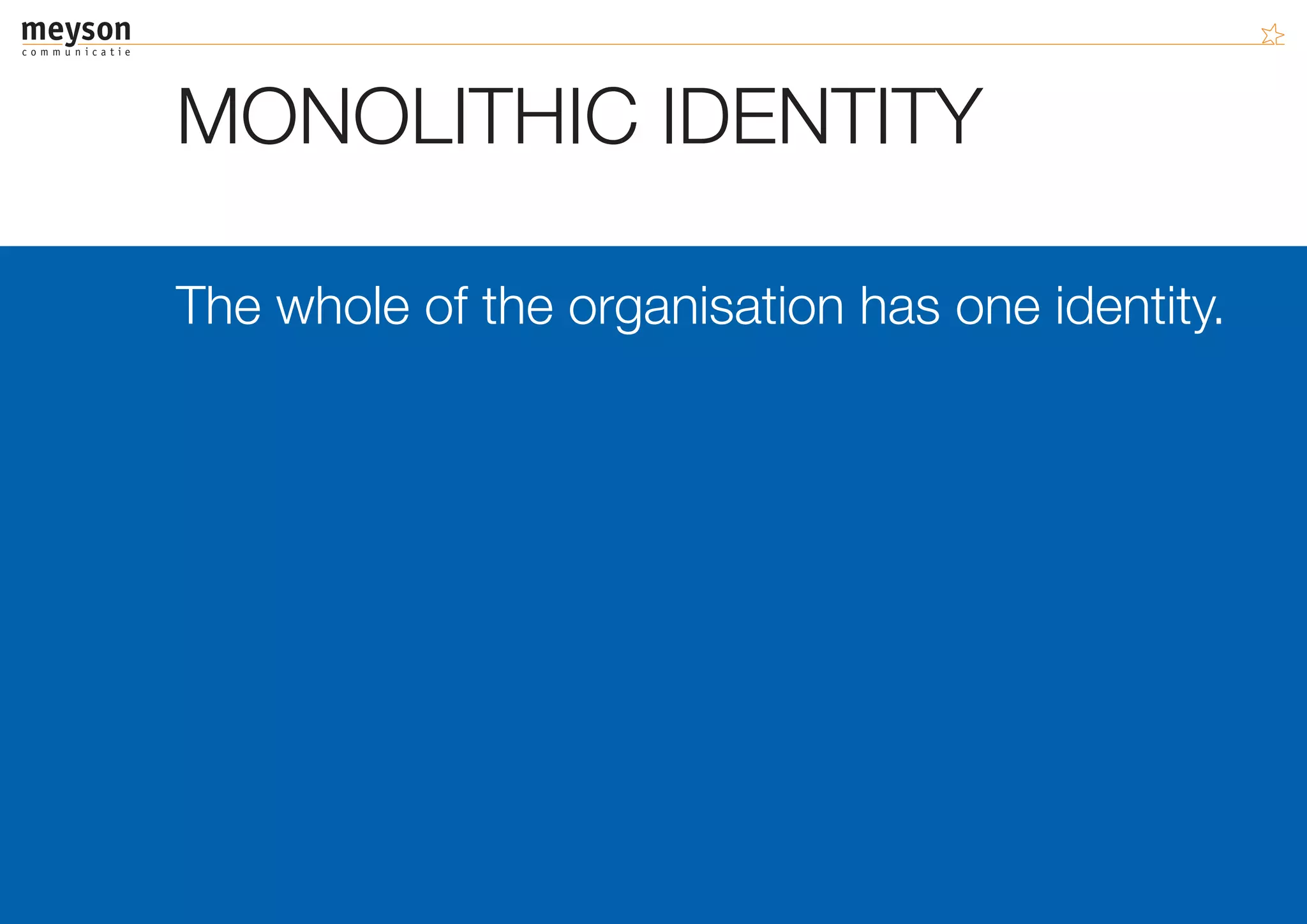 MONOLITHIC IDENTITY

The whole of the organisation has one identity.
 