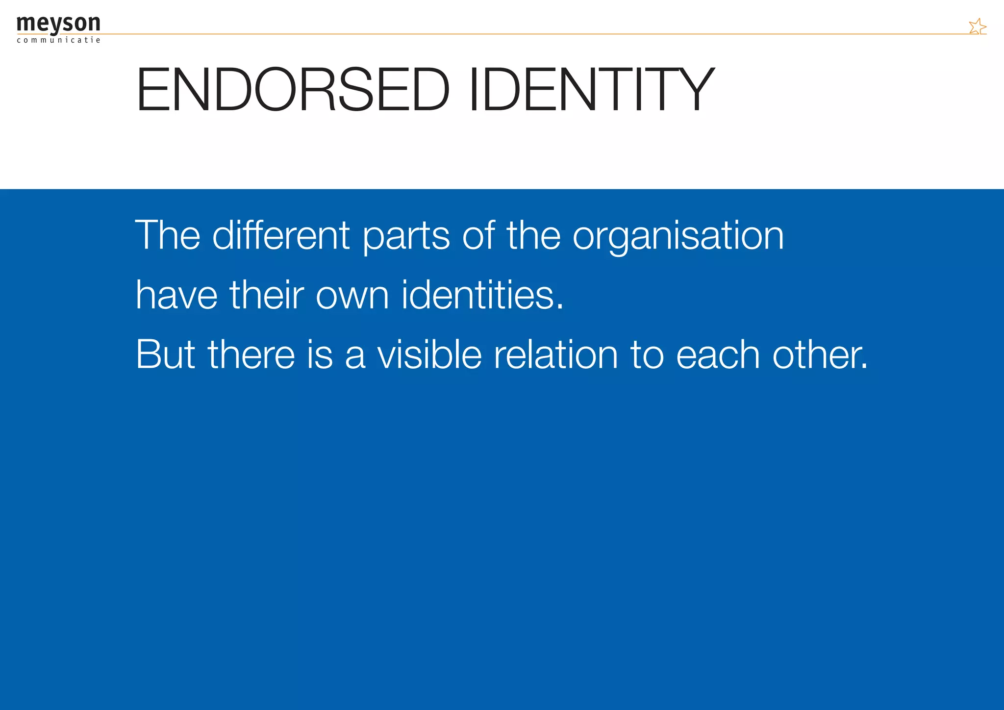 ENDORSED IDENTITY

The different parts of the organisation
have their own identities.
But there is a visible relation to each other.
 