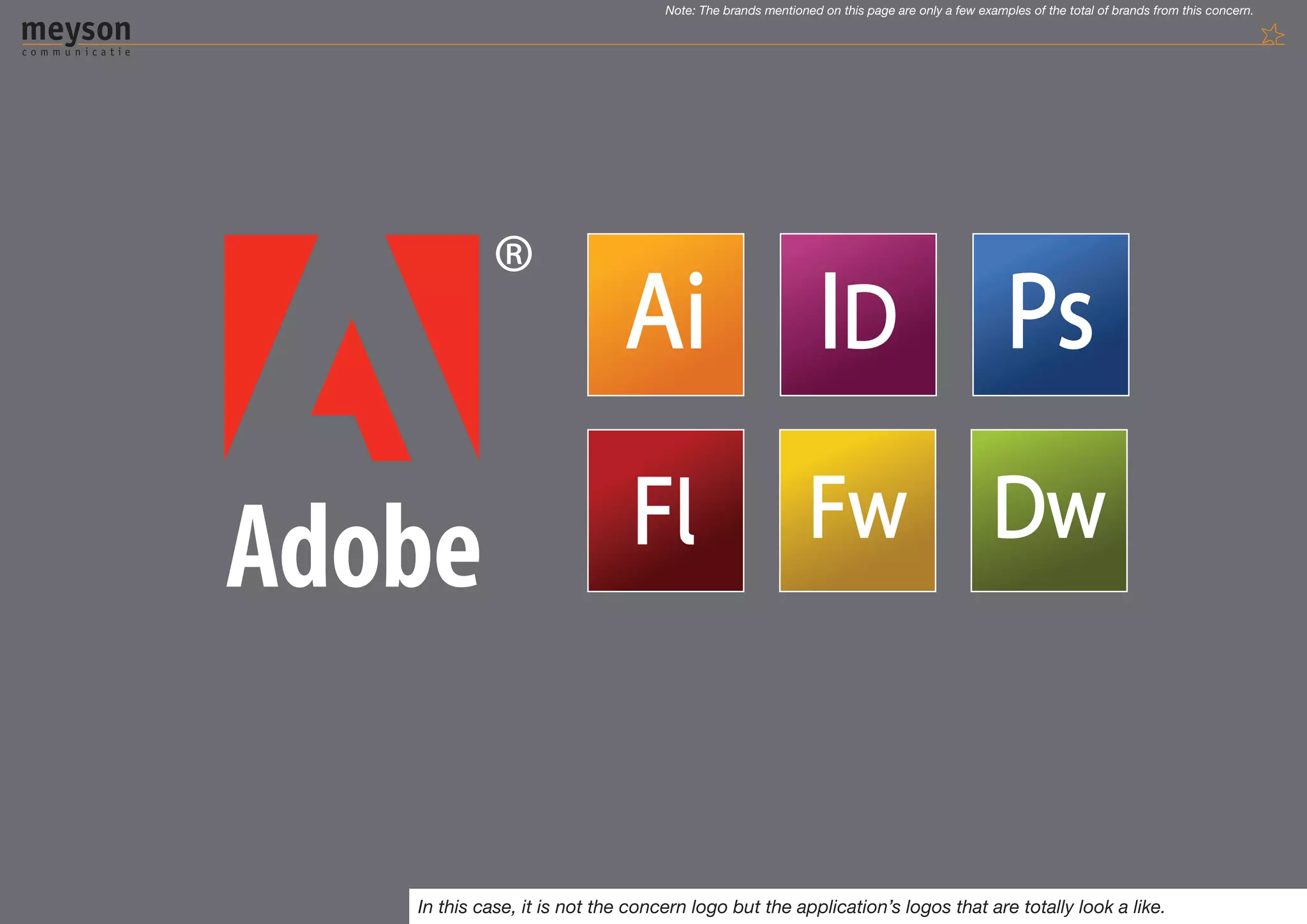 Note: The brands mentioned on this page are only a few examples of the total of brands from this concern.




In this case, it is not the concern logo but the application’s logos that are totally look a like.
 