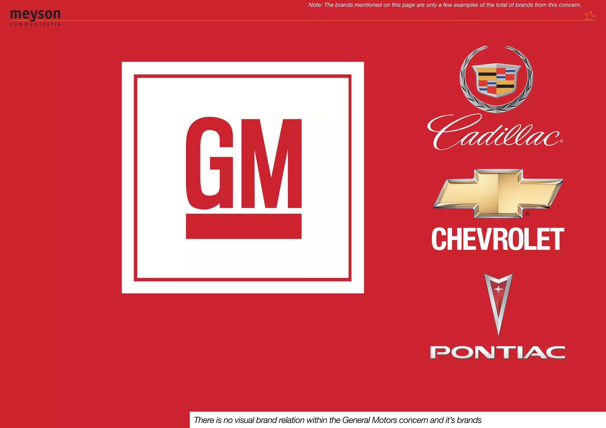 Note: The brands mentioned on this page are only a few examples of the total of brands from this concern.




There is no visual brand relation within the General Motors concern and it’s brands
 