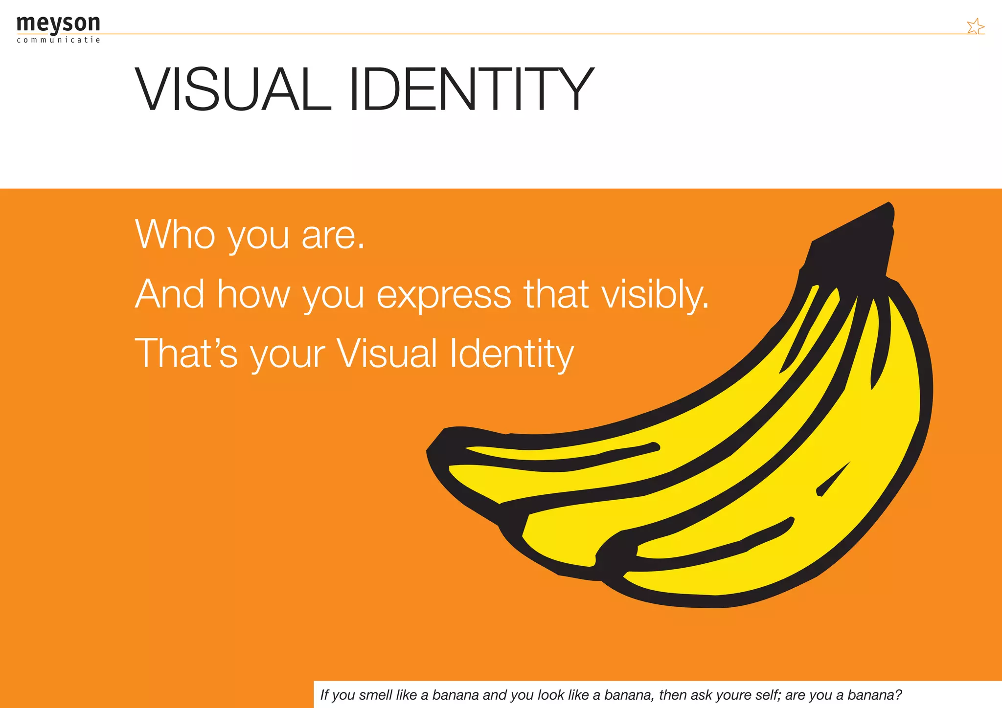 VISUAL IDENTITY

Who you are.
And how you express that visibly.
That’s your Visual Identity




          If you smell like a banana and you look like a banana, then ask youre self; are you a banana?
 