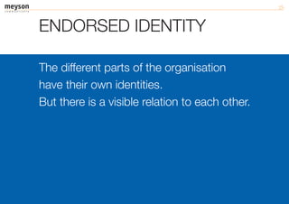 ENDORSED IDENTITY

The different parts of the organisation
have their own identities.
But there is a visible relation to each other.
 