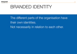 BRANDED IDENTITY

The different parts of the organisation have
their own identities.
Not necessarily in relation to each other.
 