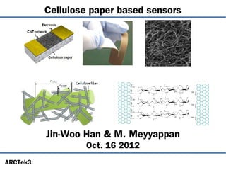 Cellulose paper based sensors




          Jin-Woo Han & M. Meyyappan
                  Oct. 16 2012
ARCTek3
 