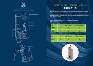 ПОГРУЖНЫЕ ГРЯЗЕВЫЕ НАСОСЫ
COK MIXПОГРУЖНОЙ ГРЯЗЕВОЙ НАСОС
С САМОКРЕПЯЩИМСЯ КОЛЕНОМ С ЛИНИЕЙ
Трехходовой вентиль
Самокрепящееся колено
Прижимной фланец
COK, COKR 100
Подвесная цепь
20
260
M 16
180
135 мин. 525
300
135
485
260
18
130 мин.
256
131
1095
Js 100
Направляющий стержень
Держатель (специальный держатель)
14
ОПИСАНИЕ
Погружной грязевой насос в нижней позиции с помощью прижимного фланца прикреплен к самокрепяще-
муся колену – перекачивание. Движется вертикально по стойке из нержавеющей стали с помощью ручной
лебедки. Стойка прикрепена к дну с возможностью поворачивания и у кромки емкости в манипуляторном
механизме, позволяющем стойке поворачивание вокруг своей оси. Находится за пределами самокрепящегося
колена, работает как смеситель.
ТЕХНИЧЕСКИЕ ДАННЫЕ
Стойка из нержавеющей стали 100 x 100 мм, в зависимости от высоты сборника
Поворачивание в пределах 0 ÷ 150°
ПОГРУЖНЫЕ ГРЯЗЕВЫЕ НАСОСЫ
ТИП
МОЩНОСТЬ
[кВт]
МАКС. РАСХОД [л/с] МАКС. ВЫСОТА НАПОРА [м]
COK 100-4 6,8 54 11,8
COK 100-3 9,5 63 19
COK 100-2 13,5 74 23
COK 100-1 19 85 27
ПОГРУЖНЫЕ ГРЯЗЕВЫЕ НАСОСЫ С РЕЖУЩИМ ФЛАНЦЕМ
ТИП
МОЩНОСТЬ
[кВт]
МАКС. РАСХОД [л/с] МАКС. ВЫСОТА НАПОРА [м]
COKR 100 9,5 58 18
COKR 101 13,5 72 22
COKR 102 19 82 24
15
 