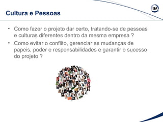 Cultura e Pessoas 
• Como fazer o projeto dar certo, tratando-se de pessoas 
e culturas diferentes dentro da mesma empresa ? 
• Como evitar o conflito, gerenciar as mudanças de 
papeis, poder e responsabilidades e garantir o sucesso 
do projeto ? 
 