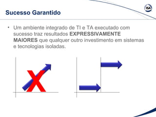 Sucesso Garantido 
• Um ambiente integrado de TI e TA executado com 
sucesso traz resultados EXPRESSIVAMENTE 
MAIORES que qualquer outro investimento em sistemas 
e tecnologias isoladas. 
X 
 