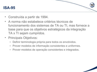 ISA-95 
• Construída a partir de 1994. 
• A norma não estabelece critérios técnicos de 
funcionamento dos sistemas de TA ou TI, mas fornece a 
base para que os objetivos estratégicos da integração 
TA x TI sejam cumpridos. 
• Principais Objetivos: 
– Definir terminologia própria para todos os envolvidos. 
– Prover modelos de informação consistentes e uniformes. 
– Prover modelos de operação consistentes e integrados. 
 
