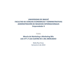 UNIVERSIDAD DE IBAGUÉ
FACULTAD DE CIENCIAS ECONOMICAS Y ADMINISTRATIVAS
ADMINISTRACIÓN DE NEGOCIOS INTERNACIONALES
Emprendedor II

TEMA
Mezcla de Marketing o Marketing Mix
LAS 4 P’s Y LAS CUATRO 4C’s DEL MERCADEO
Nidia Roa Vivas
Semestre A de 2014

 