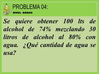 Se quiere obtener 100 lts de
alcohol de 74% mezclando 30
litros de alcohol al 80% con
agua. ¿Qué cantidad de agua se
usa?
 