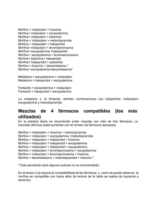  
Morfina + midazolam + hioscina
Morfina+ midazolam + escopolamina
Morfina+ midazolam + ketamina
Morfina + midazolam + metoclopramida
Morfina + midazolam + haloperidol
Morfina+ midazolam + levomepromazina
Morfina+ escopolamina +haloperidol
Morfina + escopolamina + levomepromazina
Morfina+ ketamina+ haloperidol
Morfina+ haloperidol + octeotride
Morfina + hioscina + dexametasona *
Morfina+ escopolamina+dexametasona*
 
Metadona + escopolamina + midazolam
Metadona + haloperidol + escopolamina
 
Fentanilo + escopolamina + midazolam
Fentanilo + haloperidol + escopolamina
 
La  metadona  o   el  fentanilo   admiten  combinaciones  con  haloperidol,  midazolam,
escopolamina y metoclopramida
 
Mezclas  de  4  fármacos  compatibles  (los  más
utilizados)
En  la  práctica  diaria  se  recomienda  evitar  mezclas  con  más   de  tres  fármacos.  La
toxicidad dérmica suele aumentar con el número de fármacos asociados.
 
Morfina + midazolam + hioscina + metoclopramida
Morfina + midazolam + escopolamina +metoclopramida
Morfina + midazolam + haloperidol + hioscina
Morfina + midazolam + haloperidol + escopolamina
Morfina + midazolam + haloperidol + escopolamina
Morfina + midazolam + levomepromazina + escopolamina
Morfina + midazolam + levomepromazina + hioscina
Morfina + dexametasona + metoclopramida + hioscina *
 
* Esta asociación para algunos autores no es recomendada.
 
En el anexo 2  se expone la compatibilidad de los fármacos  y  como se puede observar, la
morfina  es  compatible  con  todos  ellos  (la  lectura  de  la  tabla  se  realiza  de  izquierda  a
derecha).
 