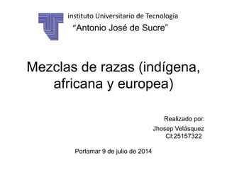 Mezclas de razas (indígena,
africana y europea)
Realizado por:
Jhosep Velásquez
CI:25157322
Porlamar 9 de julio de 2014
I instituto Universitario de Tecnología
“Antonio José de Sucre”
 