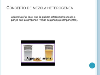CONCEPTO DE MEZCLA HETEROGÉNEA
Aquel material en el que se pueden diferenciar las fases o
partes que la componen (varias sustancias o componentes).
 