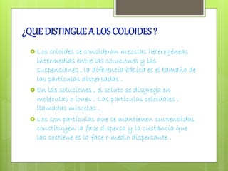 ¿QUE DISTINGUE A LOS COLOIDES ? 
 Los coloides se consideran mezclas heterogéneas 
intermedias entre las soluciones y las 
suspensiones , la diferencia básica es el tamaño de 
las partículas dispersadas . 
 En las soluciones , el soluto se disgrega en 
moléculas o iones . Las partículas coloidales , 
llamadas miscelas . 
 Los son partículas que se mantienen suspendidas 
constituyen la fase dispersa y la sustancia que 
las sostiene es la fase o medio dispersante . 
 