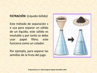 FILTRACIÓN: (Líquido-Sólido)
Este método de separación s
e usa para separar un sólido
de un liquido, este sólido es
insoluble y por tanto se debe
usar papel filtro; este
funciona como un colador.
Por ejemplo, para separar las
semillas de la fruta del jugo.
Preparado por Lic. María Eugenia Zapata Avendaño, 2014
 