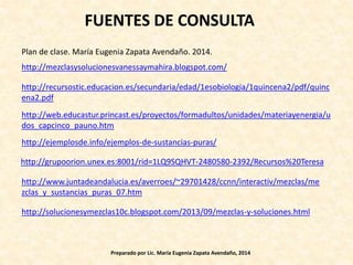 http://ejemplosde.info/ejemplos-de-sustancias-puras/
http://web.educastur.princast.es/proyectos/formadultos/unidades/materiayenergia/u
dos_capcinco_pauno.htm
http://mezclasysolucionesvanessaymahira.blogspot.com/
http://grupoorion.unex.es:8001/rid=1LQ9SQHVT-2480580-2392/Recursos%20Teresa
http://www.juntadeandalucia.es/averroes/~29701428/ccnn/interactiv/mezclas/me
zclas_y_sustancias_puras_07.htm
http://solucionesymezclas10c.blogspot.com/2013/09/mezclas-y-soluciones.html
http://recursostic.educacion.es/secundaria/edad/1esobiologia/1quincena2/pdf/quinc
ena2.pdf
FUENTES DE CONSULTA
Plan de clase. María Eugenia Zapata Avendaño. 2014.
Preparado por Lic. María Eugenia Zapata Avendaño, 2014
 