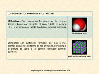LOS COMPUESTOS PUEDEN SER SUSTANCIAS:
Moleculares: Son sustancias formadas por dos o mas
átomos. Como por ejemplo, el agua (H2O), el metano
(CH4) y el amoniaco (NH3). Producen cambios químicos.
Cristalinas: Son sustancias formadas por dos o más
átomos dispuestos en forma de red cristalina. Por ejemplo
el cloruro de sodio o sal común. Producen cambios
químicos.
Molécula de agua
Molécula de cloruro de sodio
Preparado por Lic. María Eugenia Zapata Avendaño, 2014
 