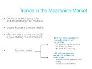 Trends in the Mezzanine Market
•   Decrease in lending multiples
    and associated buyout multiples

•   Buyers Market & Lenders Market

•   Mezzanine is a dynamic market;
    always shifting mix of providers   $7-$10+ million mezzanine
                                       transaction market very
                                       competitive
                                          • Investment banker auctions
                                          • Interest only deals
                                          • Capital as commodity
•          Two-tier market
                                       <$5 million mezzanine
                                       transaction market still
                                       underserved
                                          • Deal structures and rates fairly
                                          stable
                                          • Limited number of ﬁrms
 