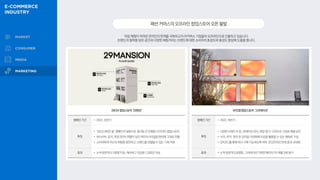 직접 체험이 어려운 온라인의 한계를 극복하고자 이커머스 기업들이 오프라인으로 진출하고 있습니다.
브랜드의 철학을 담은 공간과 다양한 체험거리는 브랜드에 대한 소비자의 호감도와 충성도 향상에 도움을 줍니다.
패션커머스의오프라인팝업스토어오픈활발
29CM 팝업스토어 ‘29맨션’
캠페인 기간 • 2022. 상반기
특징
• ‘당신2 9하던 삶’ 캠페인의 일환으로, 총 9일 간 진행된 오프라인 팝업스토어
• 하시시박, 죠지, 연경 3인의 취향이 담긴 라이프스타일을 맨션에 그대로 연출
• 소비자에게 자신의 취향을 발견하고, 브랜드를 경험할 수 있는 기회 마련
효과 • 누적 방문객 4,100명 이상, 해시태그 언급량 1,200건 이상
W컨셉 팝업스토어 ‘그라데이션’
캠페인 기간 • 2022. 하반기
특징
• 다양한 브랜드의 옷, 큐레이션 전시, 매장 향기, 디저트로 구성된 체험 공간
• 시각, 후각, 청각 등 감각을 극대화해 오감을 활용할 수 있는 형태로 구성
• QR코드를 통해 즉시 구매 가능하도록 하여, 온오프라인 연계 효과 극대화
효과 • 누적 방문객 3,500명, 그라데이션 기획전 페이지 PV·매출 2배 증가
 