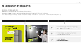 PB상품을강화하고가성비제품으로포지셔닝
PB 브랜드 ‘하이메이드’ 상품을 강화하고 20만 원대의 냉장고 출시,
가성비와 실용성을 중시하는 소비자 공략
온〮오프라인 판매 접점에서 299,000원이라는 가격을 강조하여
가격적 편익을 직접적이고 가시적으로 전달
사례 성과
하이메이드 ‘싱글원 냉장고’
출시 2주만에 초도물량 3,000대 완판
롯데하이마트 : 하이메이드 싱글원 냉장고
롯데하이마트는 PB 브랜드 ‘하이메이드’에서 20만 원 대의 가성비 냉장고를 출시하였습니다.
제조업체와 직접 계약을 맺어 가격은 낮추고, 품질은 유지하는 유통업계의 PB 브랜드는 고물가 시대에 합리적인 선택지가 될 수 있기 때문입니다.
비슷한 스펙의 타 브랜드 상품 출시가 대비 20% 정도 저렴한 가격이지만 필요한 기능은 모두 갖추어, 브랜드보다는 실용성을 중요시하는 소비자들을 효과적으로 사로잡을 수 있었습니다.
 