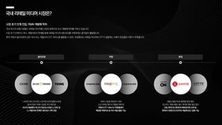 국내리테일미디어시장은?
시장 초기 단계 진입, RMN 개발에 박차
국내 유수의 유통기업들도 리테일 미디어를 신성장 동력으로 보고 개발에 박차를 가하고 있습니다.
시장 초기 단계이긴 하나, 계열사와의 연계를 통해 리테일 미디어 네트워크를 구축하려는 움직임이 활발합니다.
특히 쿠팡과 올리브영의 경우 자사 또는 계열사의 OTT 서비스를 활용할 수 있어, 국내에서도 리테일 미디어와 OTT가 결합하는 사례가 등장할지 귀추가 주목됩니다.
롯데
1,350여 개의 오프라인 스토어와 온라인몰을 보유한
올리브영은 RMN 사업을 적극 확대 중
자사의 채널뿐만 아니라 티빙〮온스타일〮CJ ONE 등
CJ 계열사와 연계한 네트워크 구축 전망
올리브영 쿠팡
계열사 통합 RMN 플랫폼 론칭 예정,
광고주는 계열사별로 별도 계약을 맺을 필요 없이
단일 계약으로 롯데ON〮백화점〮마트〮슈퍼 등
롯데의 다양한 온〮오프라인 채널에 광고 집행 가능
RMN 사업을 확장하기 위해
신규 마케팅 패키지 개발을 계획 중
쿠팡의 OTT 서비스인 쿠팡플레이〮
배달앱 쿠팡이츠 등 자사 채널 활용 가능
 